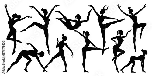 Collection of elegant female ballet dancers in various graceful poses isolated on white background