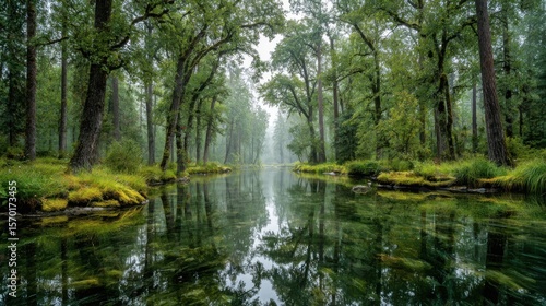 Tall green trees surround a still river, their reflections mirrored in the calm water. Morning mist creates a tranquil atmosphere in this peaceful forest scene.