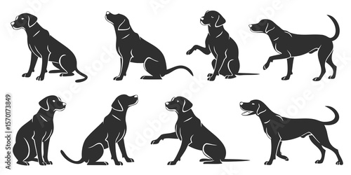 Collection of black labrador retriever dog silhouettes in various poses isolated on white background