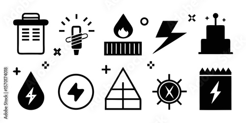 Collection of energy and power icons including lightning bolts water drop and fire symbol isolated on white background