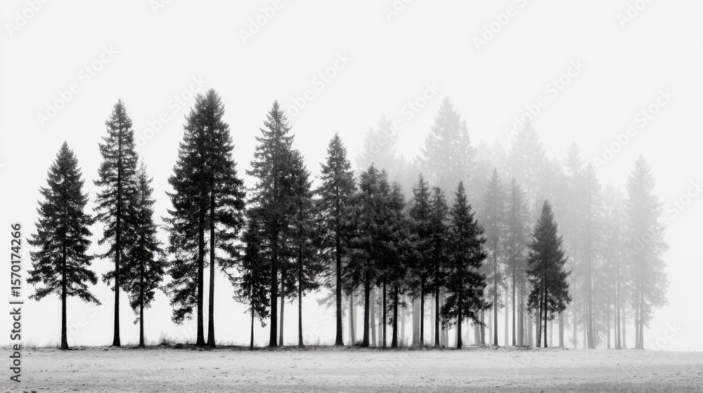 Fototapeta premium Tall evergreen trees stand in a misty landscape, their silhouettes contrasting against a cloudy sky. The atmosphere is serene and tranquil, evoking a sense of calm during early morning.
