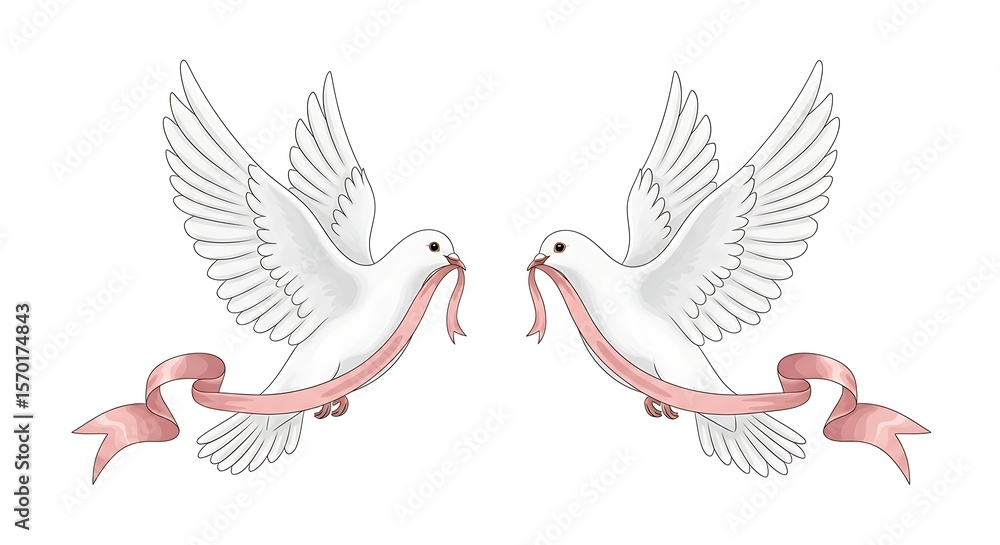 Fototapeta premium Doves with Ribbon Vector – Romantic Peaceful Commitment Symbol