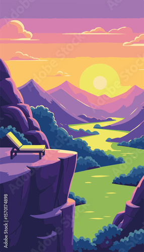 Lounge chair overlooking a vibrant valley with a golden sunset and purple mountains, relaxation and self-care concept.