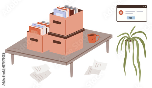 Books stacked in boxes on a table with scattered papers, a coffee mug, and a plant. Error message suggesting tasks or digital issues. Ideal for productivity, declutter, failure, effort, focus
