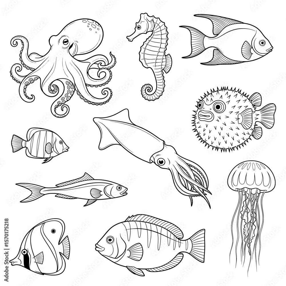 Naklejka premium A charming vector collection of diverse marine animals, including an octopus, seahorse, various fish, a squid, pufferfish, and a jellyfish. Rendered in clean black and white line art.