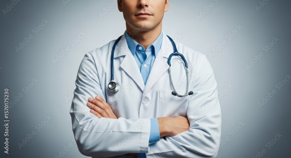 Confident caucasian male doctor with stethoscope in medical attire Confident caucasian male doctor with stethoscope in medical attire