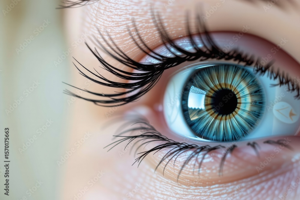 Fototapeta premium Close-up of blue eye with long eyelashes and detailed iris 