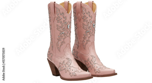 Pink Cowboy Boots Detailed with Ornament on White Background