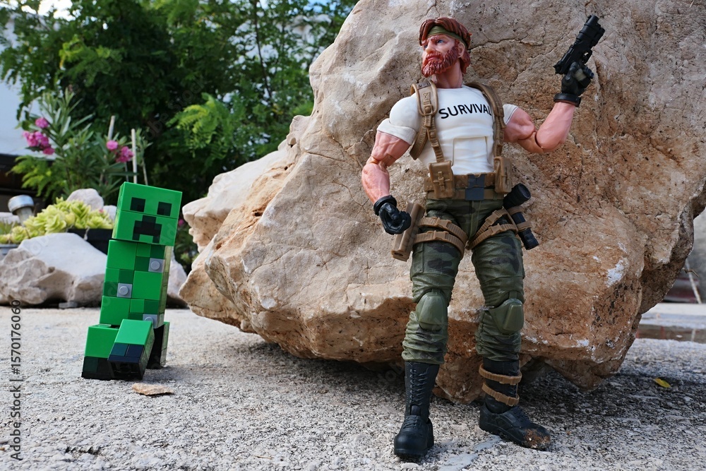 Fototapeta premium GI JOE action figure of survival instructor Outback, verion 2023 Classified edition, armed with pistol, ready to surprise explosive green LEGO Minecraft Creeper, while hidden behind a shoreline rock.