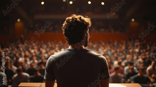A speaker stands on stage addressing a large audience, capturing the essence of public speaking, engagement, and connection with listeners.