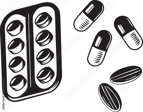 Black and white illustration of a blister pack of pills and loose capsules isolated on a white  or  transparent PNG background