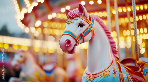 Whimsical carousel with intricately designed horse in motion