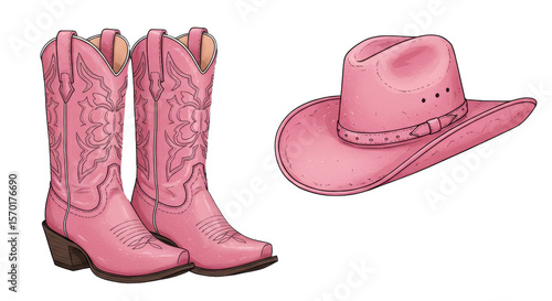 Pink Cowboy Boots and Hat Illustration on White Background