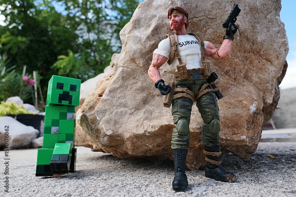 Fototapeta premium GI JOE action figure of survival instructor Outback, verion 2023 Classified edition, armed with pistol, ready to ambush explosive green LEGO Minecraft Creeper from behind a shoreline rock.