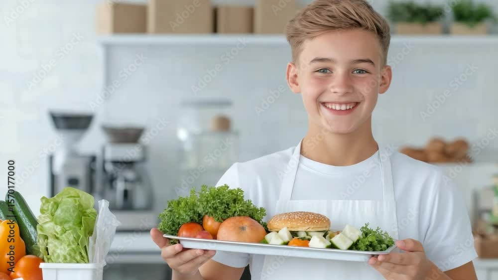 Smiling boy presents fresh produce and tasty burger in bright kitchen setting Smiling boy presents fresh produce and tasty burger in bright kitchen setting