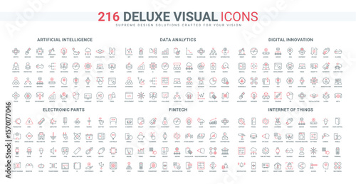 AI services for fintech and data analytics, Internet of things line icon set. Electronics, battery and smart devices, payment, smart home control thin black and red outline symbols vector illustration