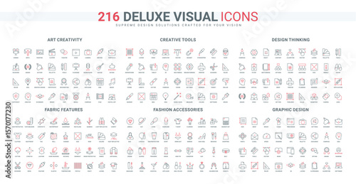 Creative tools for art and graphic design, fabric features of fashion clothes, accessory line icon set. Creativity and modern thinking of artist thin black and red outline symbols vector illustration