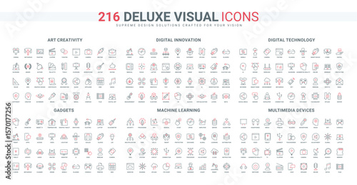 Smart devices, social media content, creativity and digital technology line icon set. Machine learning, data processing and sharing from server thin black and red outline symbols vector illustration