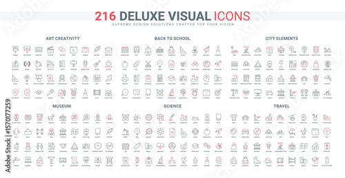 School and science knowledge, urban elements line icon set. Creativity and portfolio of artwork, ancient museum, hotel and shopping on vacation thin black and red outline symbols vector illustration