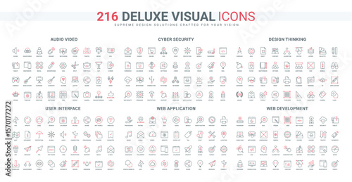 Web application development and support, UI and design, code of website line icon set. Video audio, media files editing and magnet for likes thin black and red outline symbols vector illustration
