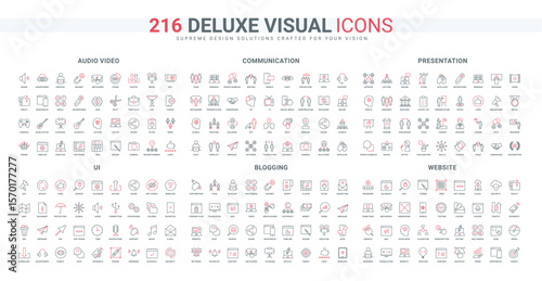 Online speaker presentation, web communication, audio and video line icon set. Bug testing and website development, homepage UI, blogging thin black and red outline symbols vector illustration