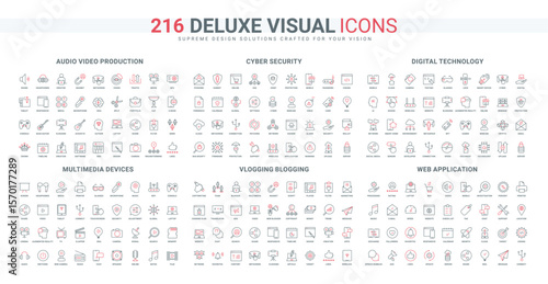Sound and video production, vlog and blog creators tool, stream subscription, cyber security line icon set. electronic multimedia devices, thin black and red outline symbols vector illustration