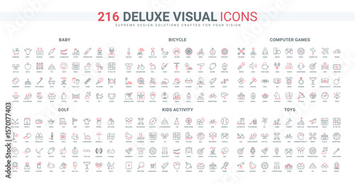 Sport and leisure activity, baby kid equipment, golf line icon set. Computer and virtual reality games, bike helmet, clothing and parking signs thin black and red outline symbols vector illustration