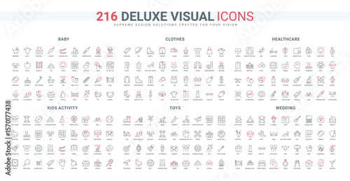 Wedding event, male and female fashion clothes, line icon set. Kids healthcare and hygiene, sport activity and music, toys and entertainment thin black and red outline symbols vector illustration