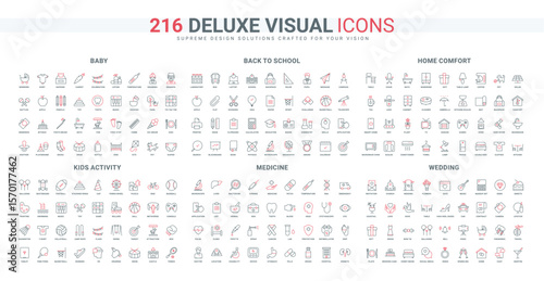 Kids activity, school and student skills challenge, medicine line icon set. Wedding banquet and travel, home comfort items, baby care and nursery thin black and red outline symbols vector illustration