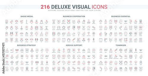 Human resources and teamwork, cooperation strategy and brainstorming for business growth line icon set. Win badge and diploma, customer support thin black and red outline symbols vector illustration