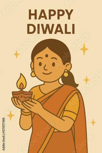 Flat vector illustration of a woman in traditional Indian saree holding a Diya lamp, symbolizing the Hindu festival of lights, Diwali. Ideal for festive, cultural, and celebration-themed content.