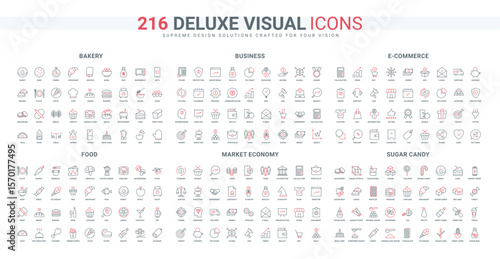 Sweets and fast food, business communication and analysis, direction for growth line icon set. Bakery and restaurant product, equipment, recipes thin black and red outline symbols vector illustration