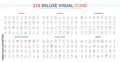 Market contracts and trend search, global economy, bakery and winery catalog line icon set. Chefs equipment and apron, retail shop mobile app thin black and red outline symbols vector illustration