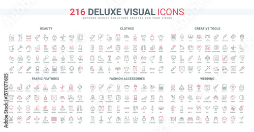 Creative software and tool, wedding, beauty cosmetics line icon set. Shopping for fashion beach clothes, accessory and shoes, fabric feature thin black and red outline symbols vector illustration