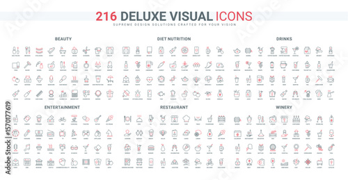 Restaurant food, winery products and best wine, entertainment line icon set. Beauty makeup and cosmetics for body and face care in salon or home thin black and red outline symbols vector illustration