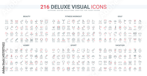 Sport and fitness workout in gym, games of hobby and music, services for vacation line icon set. Body and skin beauty care, perfume and makeup thin black and red outline symbols vector illustration