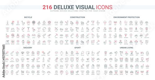 Construction and safety equipment, grocery food line icon set. Environment protection, recycle waste, protect forest and animals, bicycle parts thin black and red outline symbols vector illustration