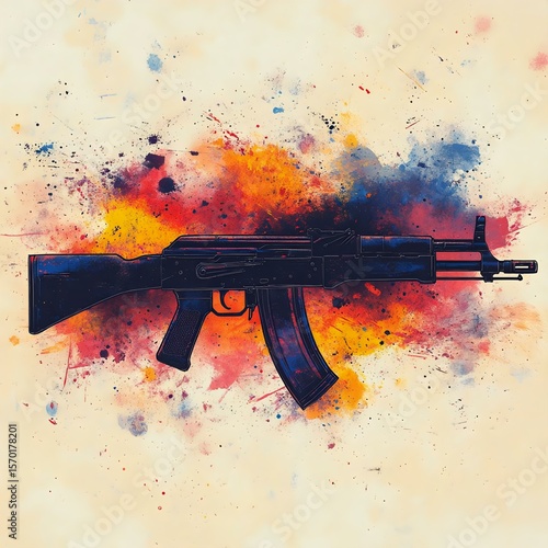 Artistic illustration of an AK-47 rifle with vibrant splashes of orange and blue paint, showcasing a blend of colors and design.
