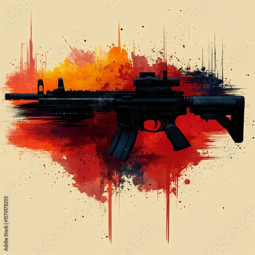 Stylized illustration of a modern rifle on a vibrant splash background, portraying strength and power in a dynamic artistic way.