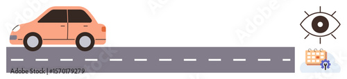 Orange car on a gray road with dashed white line, paired with an eye symbol and calendar icon. Ideal for themes thumbs up travel, planning, vision, surveillance, scheduling, navigation