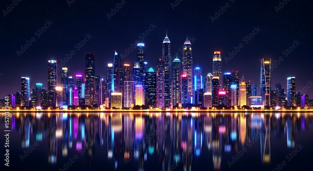 Fototapeta premium : Vibrant Night City Skyline with Colorful Lights Reflected on Water Surface