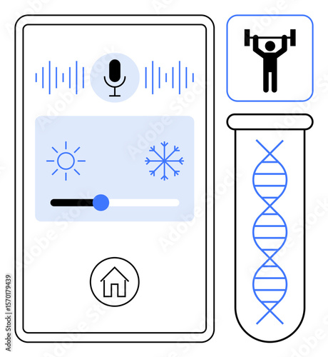 Mobile interface with microphone activation, temperature slider, fitness icon, and DNA helix in test tube. Ideal for technology, smart home, health tracking, fitness, genetics innovation simple