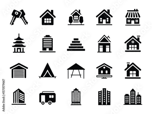 Property icon set. Included icons as hotel, house, home, resort, city, accommodations, travel and more