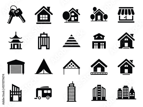 Property and Accommodation Icon Set – Vector Symbols of Hotel, House, Home, Resort, City, and Travel – Real Estate and Tourism Elements for Web or Print Design

