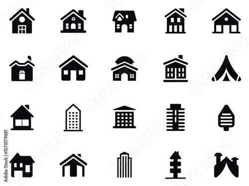 Property and Accommodation Icon Set – Vector Symbols of Hotel, House, Home, Resort, City, and Travel – Real Estate and Tourism Elements for Web or Print Design

