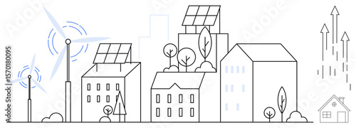 Cityscape featuring wind turbines, solar panels, eco-homes, and green rooftops promoting clean energy, urban sustainability, and eco-conscious living. Ideal for green energy, architecture