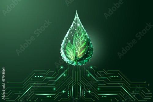Glowing green biofuel drop with leaves and AI circuitry, symbolizing clean energy innovation
