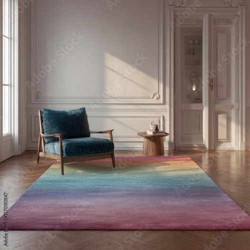 Inviting interior scene with a vibrant, multi-colored rug, comfy armchair, and elegant details. Soft lighting enhances the cozy ambiance.