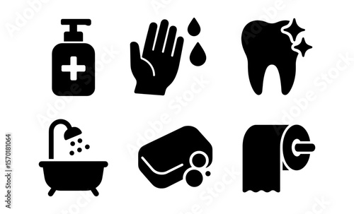 Essential hygiene icons: soap, handwash, sparkling tooth, bath, toilet paper, cleansers