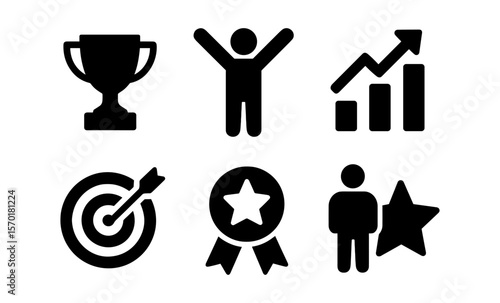 Achievement icons set: trophy, growth chart, target, medal, star, human figures